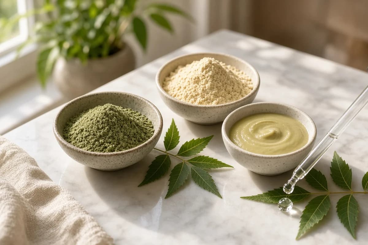 Bowls of green and pale powders and a green paste, with neem leaves and a dropper.