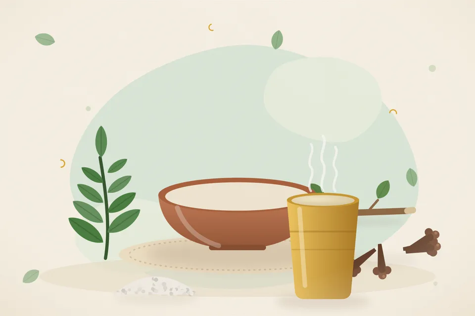 Illustrated still life with neem leaves, cloves, rock salt.