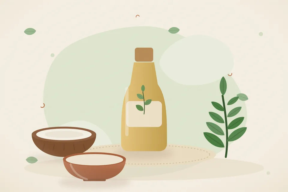 Illustrated still life with coconut, neem leaves.