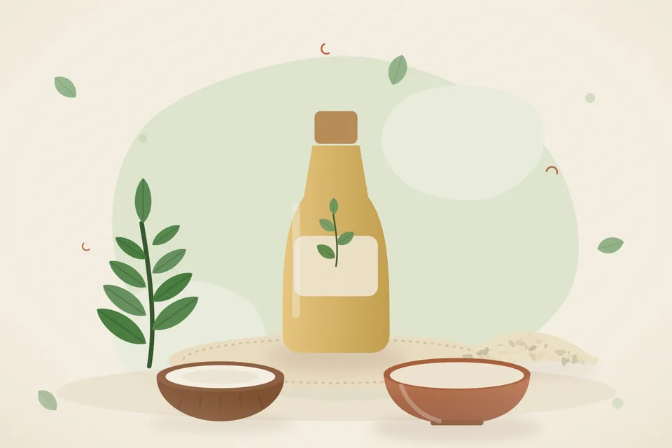 Illustrated still life with neem leaves, sesame seeds, coconut.