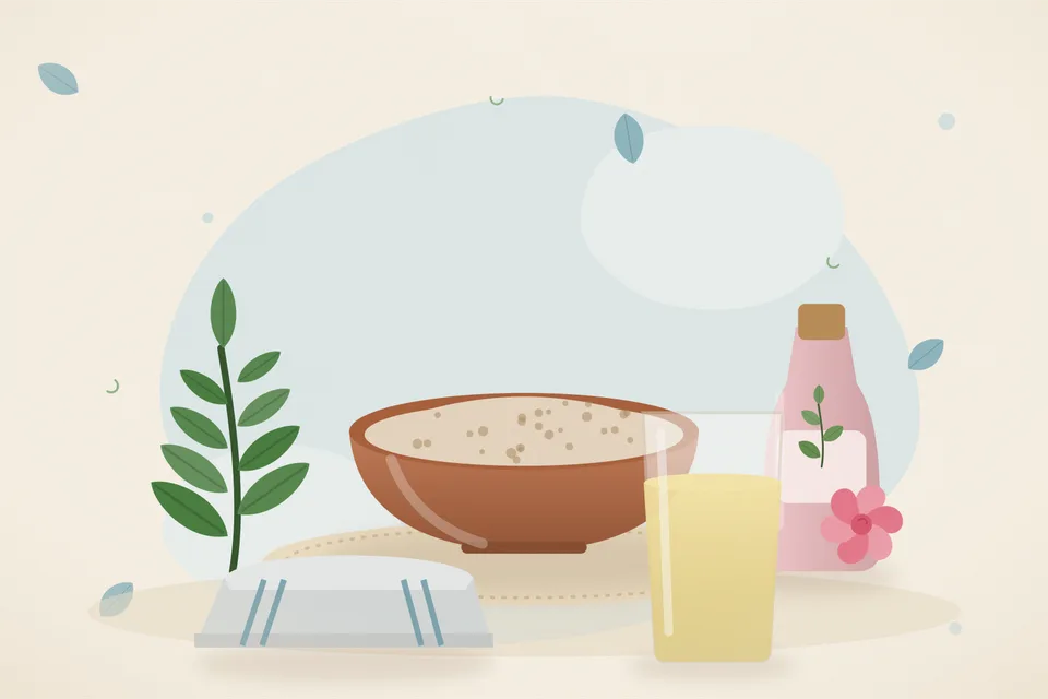 Illustrated still life with neem leaves, rose water, a folded cloth.