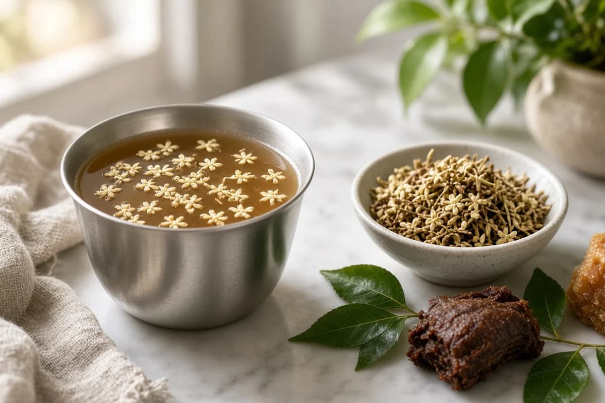 A steel cup of thin amber rasam with tiny neem flowers floating, a bowl of dried flowers, jaggery and leaves.