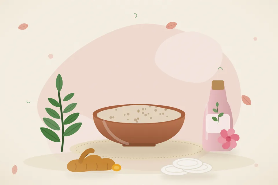 Illustrated still life with neem leaves, rose water, turmeric root.