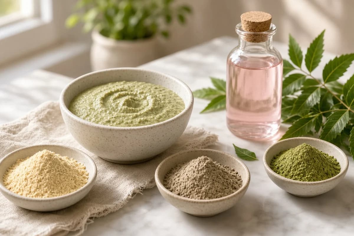 Small bowls of green, tan and brown herbal powders around a bottle of rose water.