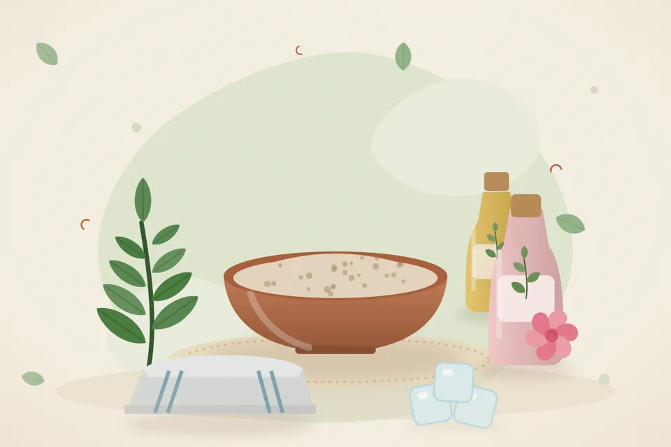 Illustrated still life with neem leaves, rose water, a folded cloth, ice.