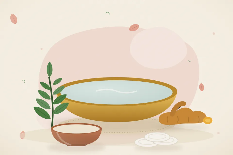 Illustrated still life with neem leaves, turmeric root.