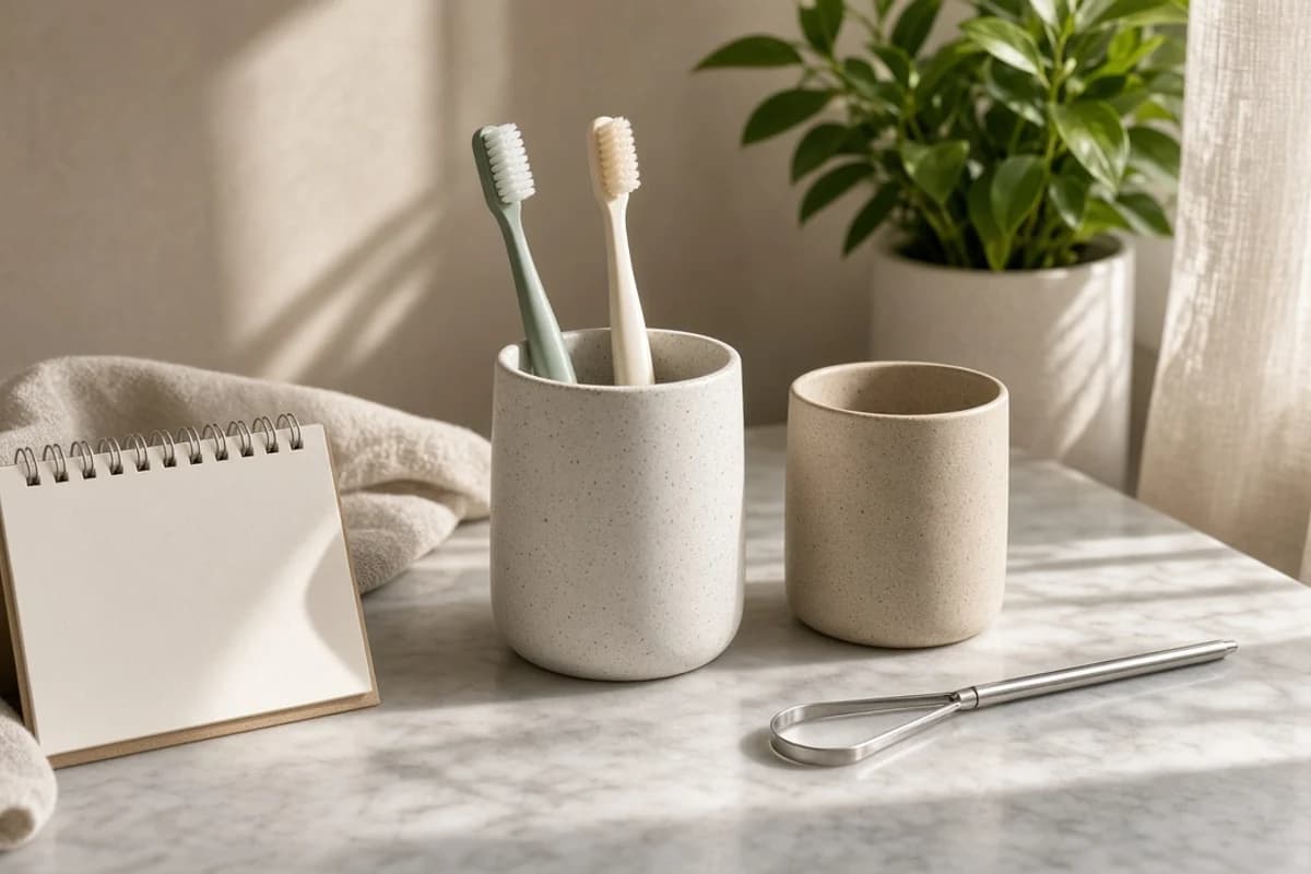 Two toothbrushes in a ceramic cup beside a steel tongue cleaner, a second cup and a small notebook.