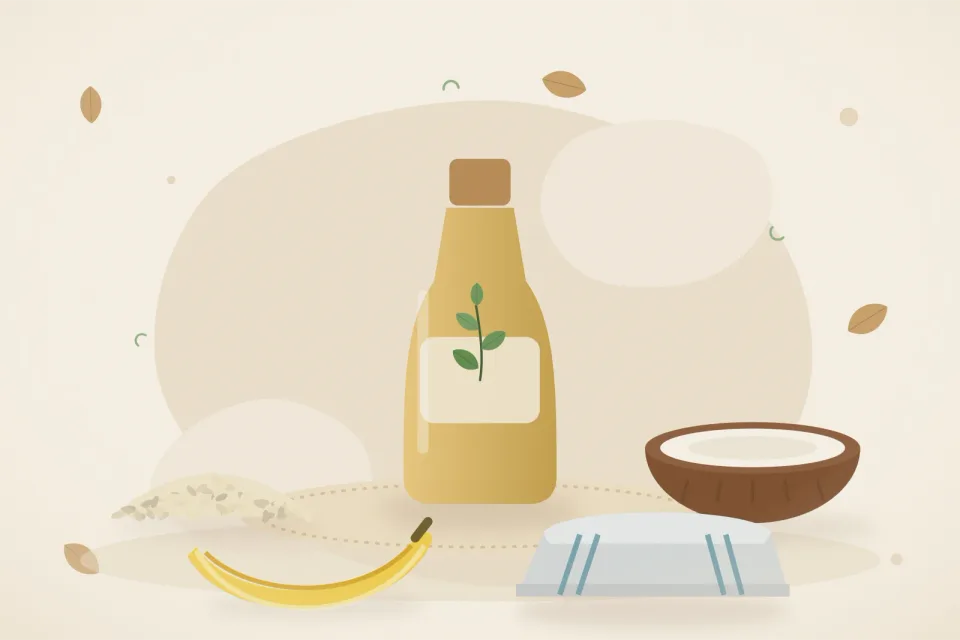 Illustrated still life with sesame seeds, coconut, banana.