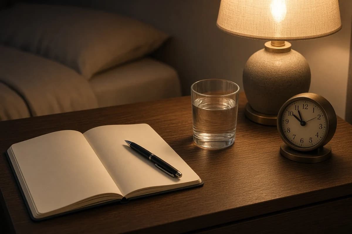 An open blank notebook with a pen, a glass of water and an alarm clock under a warm bedside lamp.