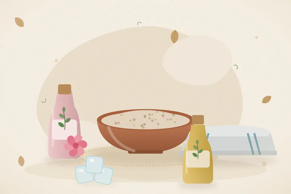 Illustrated still life with rose water, a folded cloth, ice.