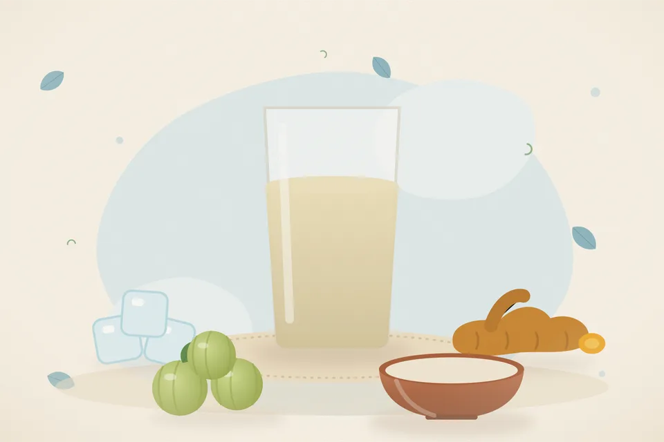 Illustrated still life with ice, turmeric root, amla.
