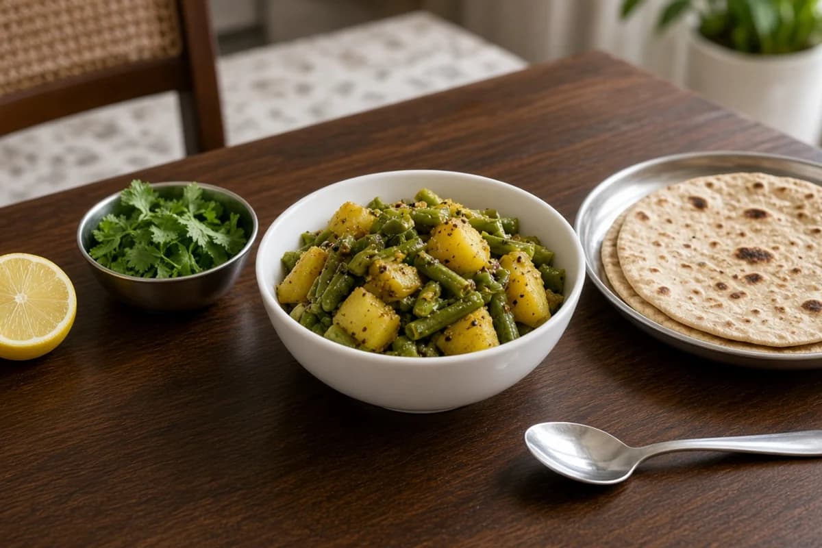 A white bowl of dry aloo-beans sabzi with rotis on a steel plate, a bowl of coriander, a half lemon and a steel spoon on a wooden table.