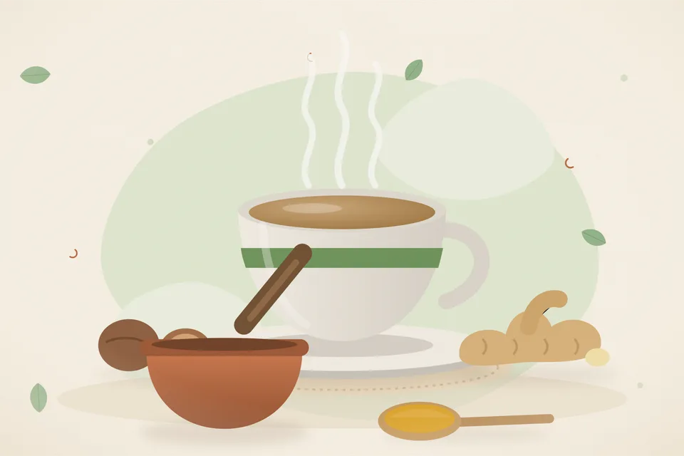 Illustrated still life with nutmeg, fresh ginger.