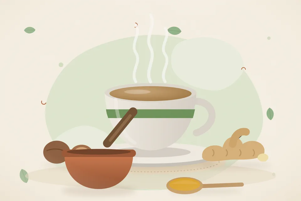Illustrated still life with nutmeg, fresh ginger.