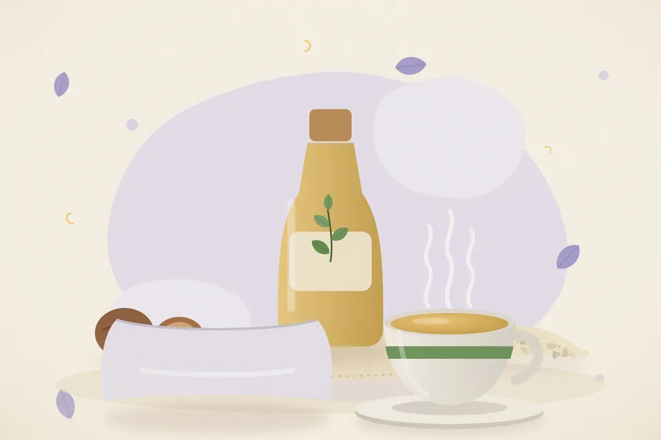 Illustrated still life with nutmeg, sesame seeds.