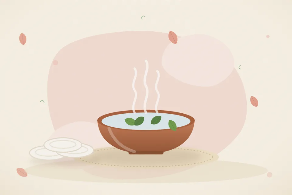 Illustrated Ayurvedic kitchen still life with a bowl, glass and traditional utensils.