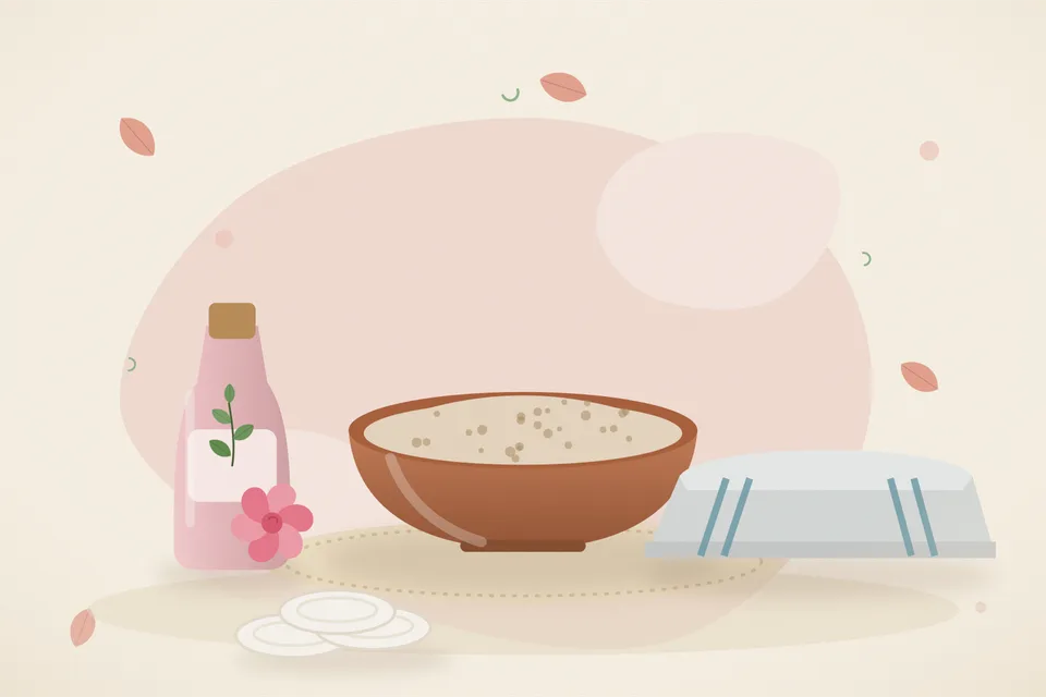Illustrated still life with rose water, a folded cloth.