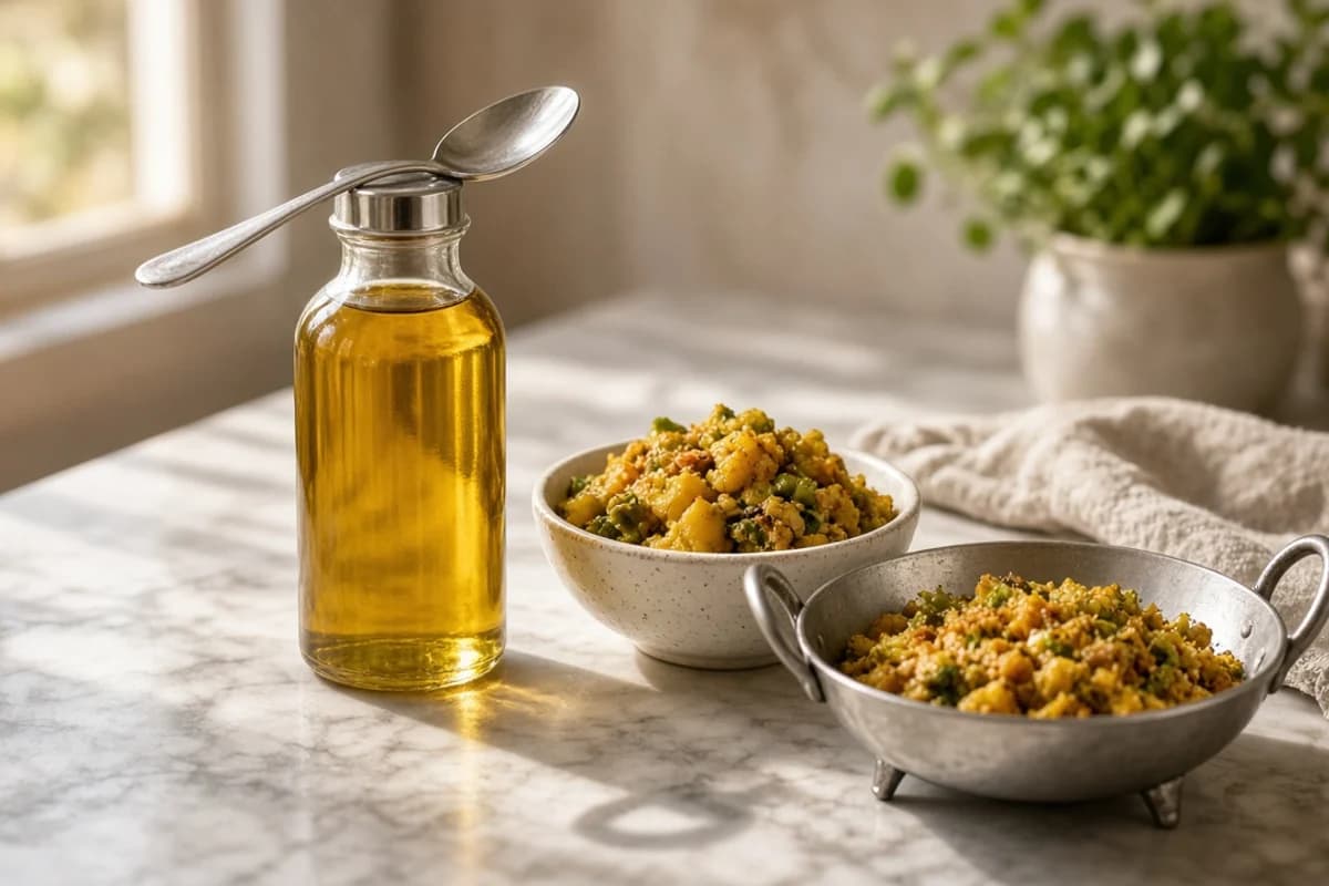 A glass bottle of cooking oil with a measuring spoon on top beside small steel bowls of sabzi.