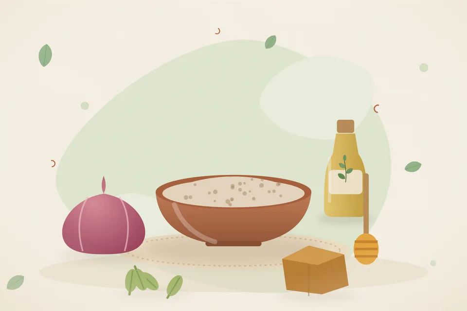 Illustrated still life with onion, honey, cardamom, jaggery.