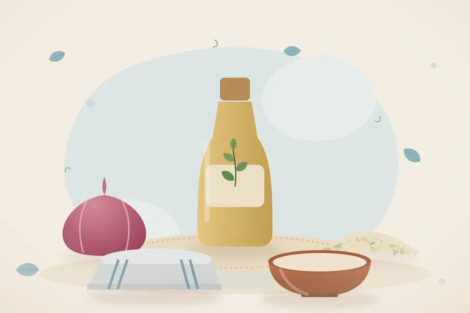 Illustrated still life with onion, sesame seeds.