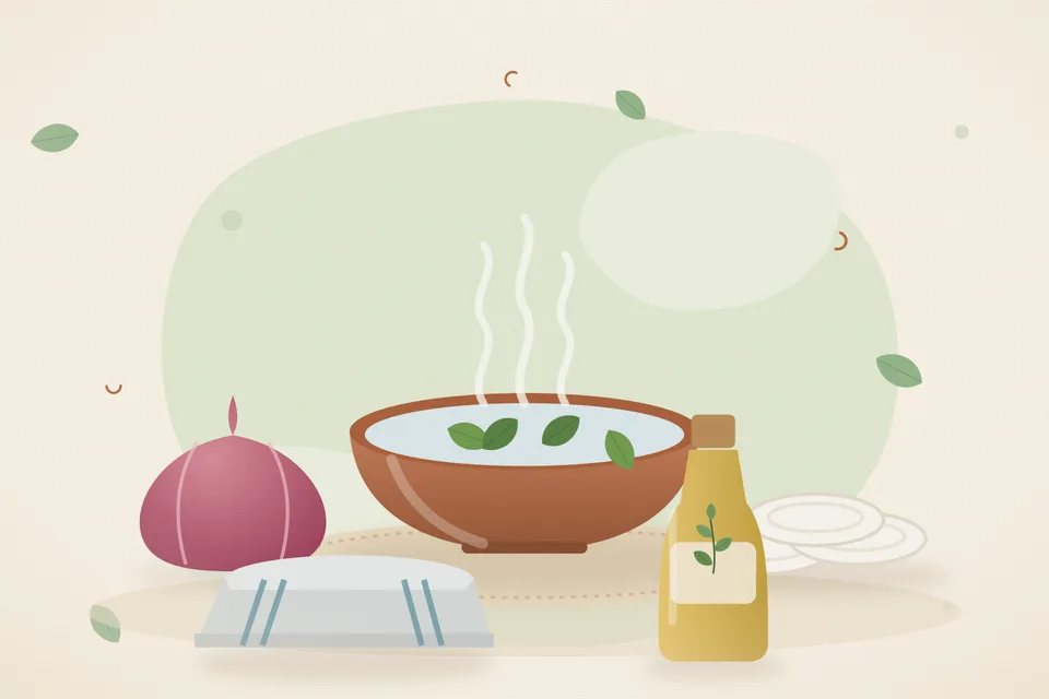 Illustrated still life with onion, cotton pads, a folded cloth.