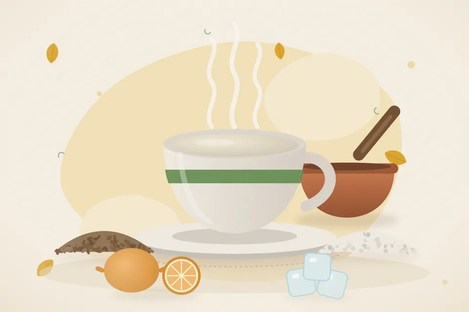 Illustrated still life with cumin seeds, rock salt, orange, ice.