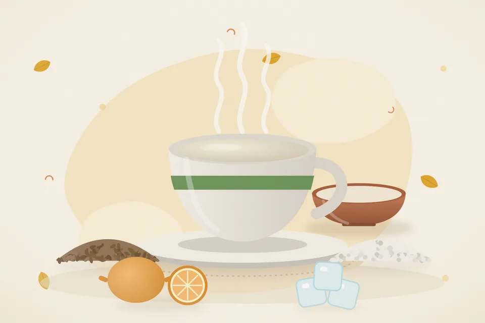 Illustrated still life with cumin seeds, rock salt, orange, ice.