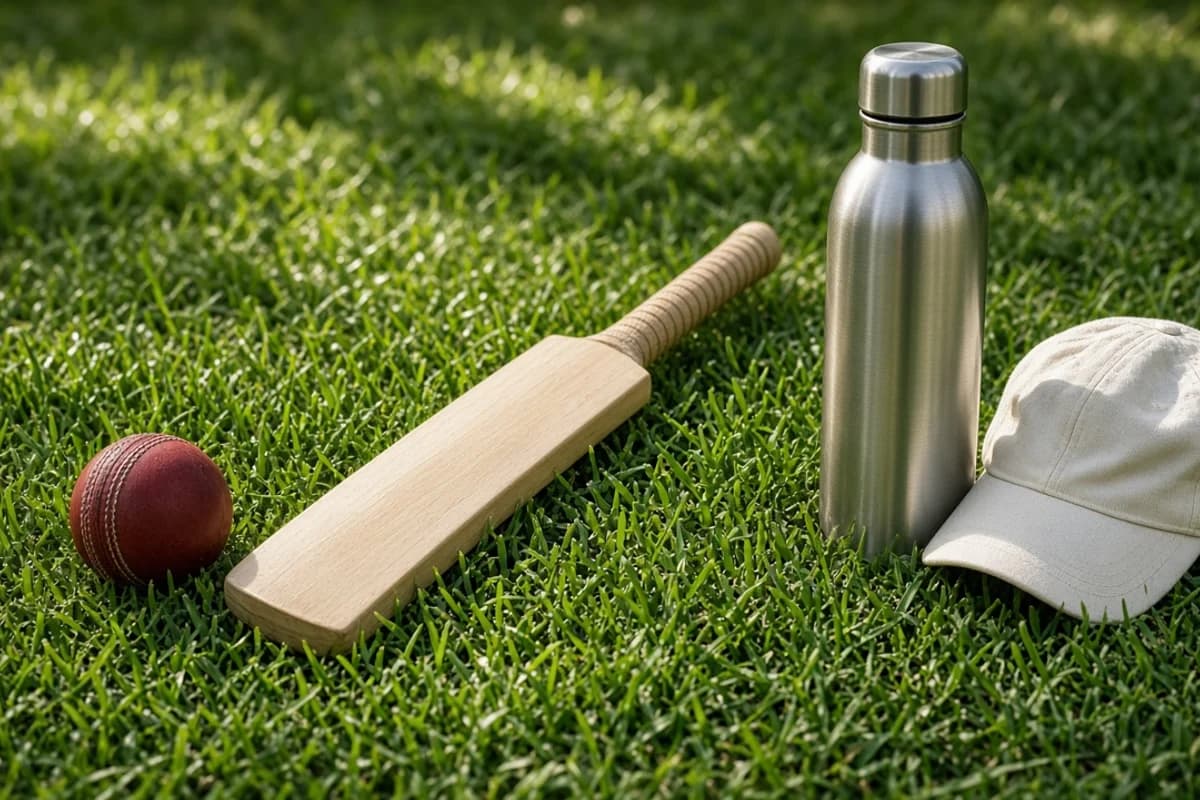 A small wooden bat and red ball on green grass, with a steel water bottle and a white cotton cap.