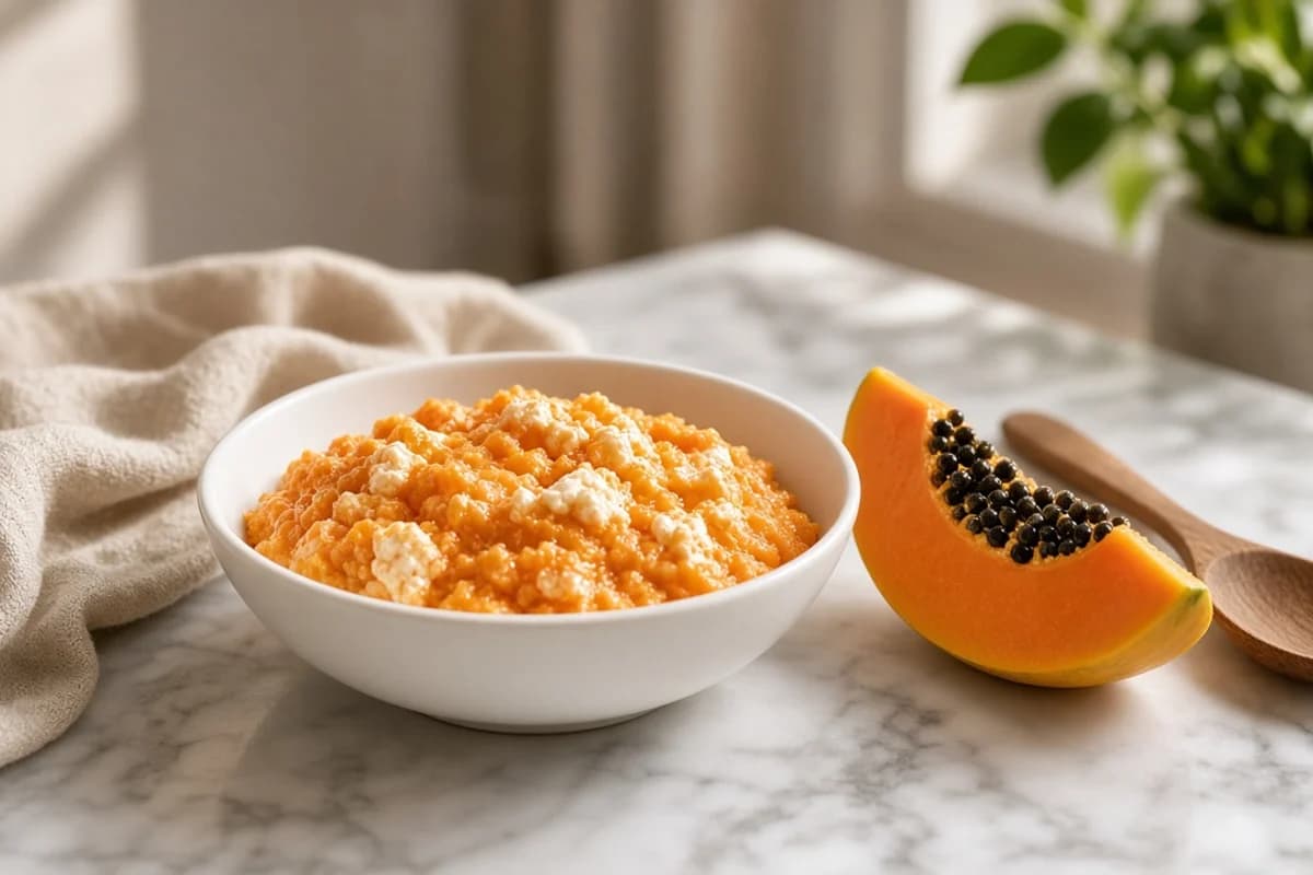 A white bowl of mashed orange papaya mixed with curd, a papaya wedge with black seeds and a wooden spoon.