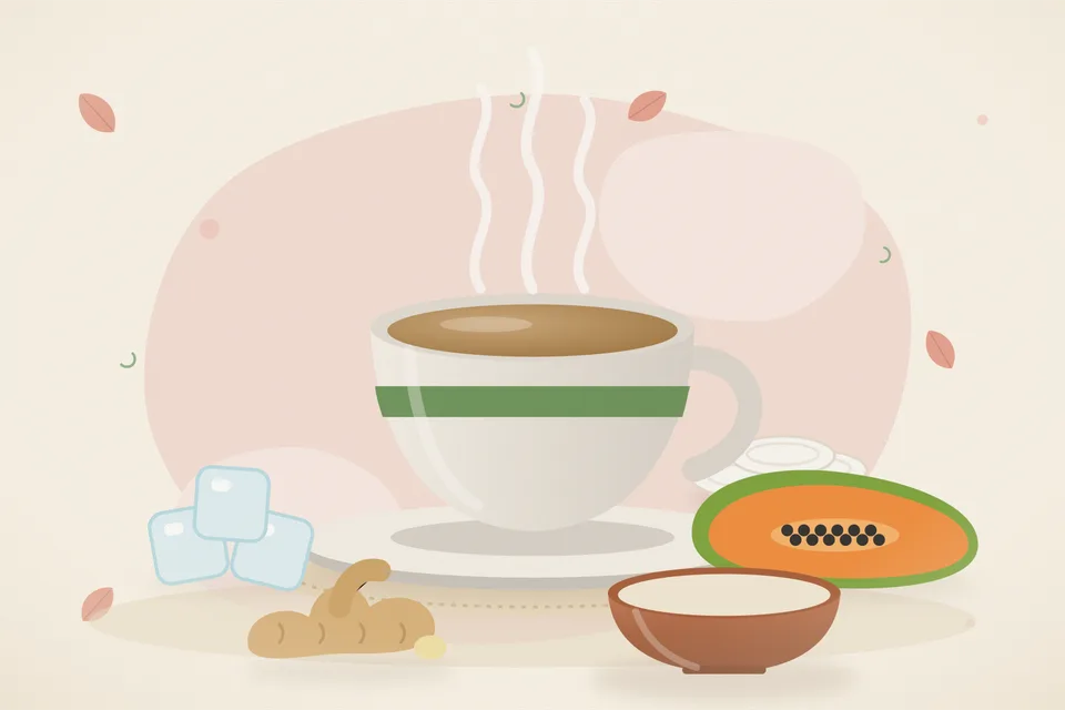 Illustrated still life with ice, papaya, fresh ginger.