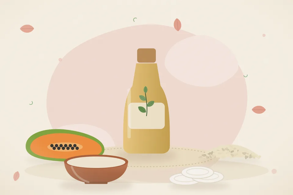 Illustrated still life with papaya, sesame seeds.
