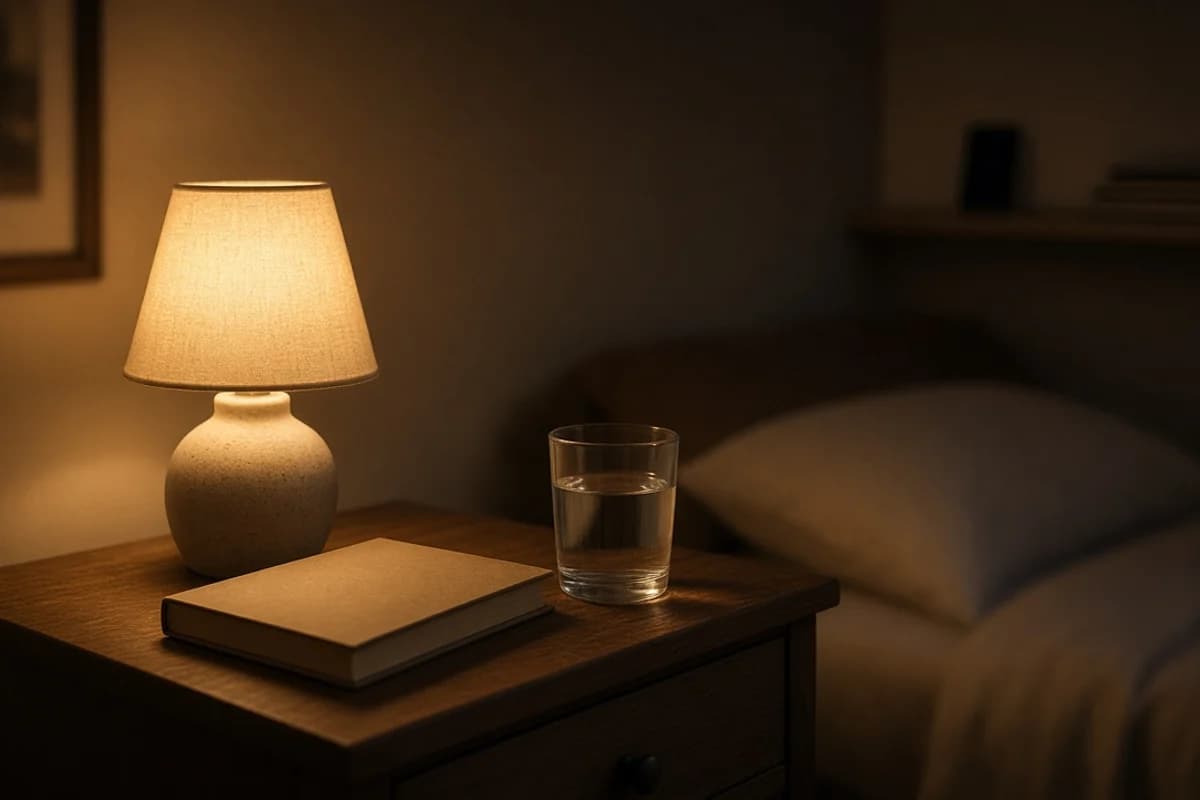 A bedside table with a lit lamp, a closed book and a glass of water, with a bed behind.