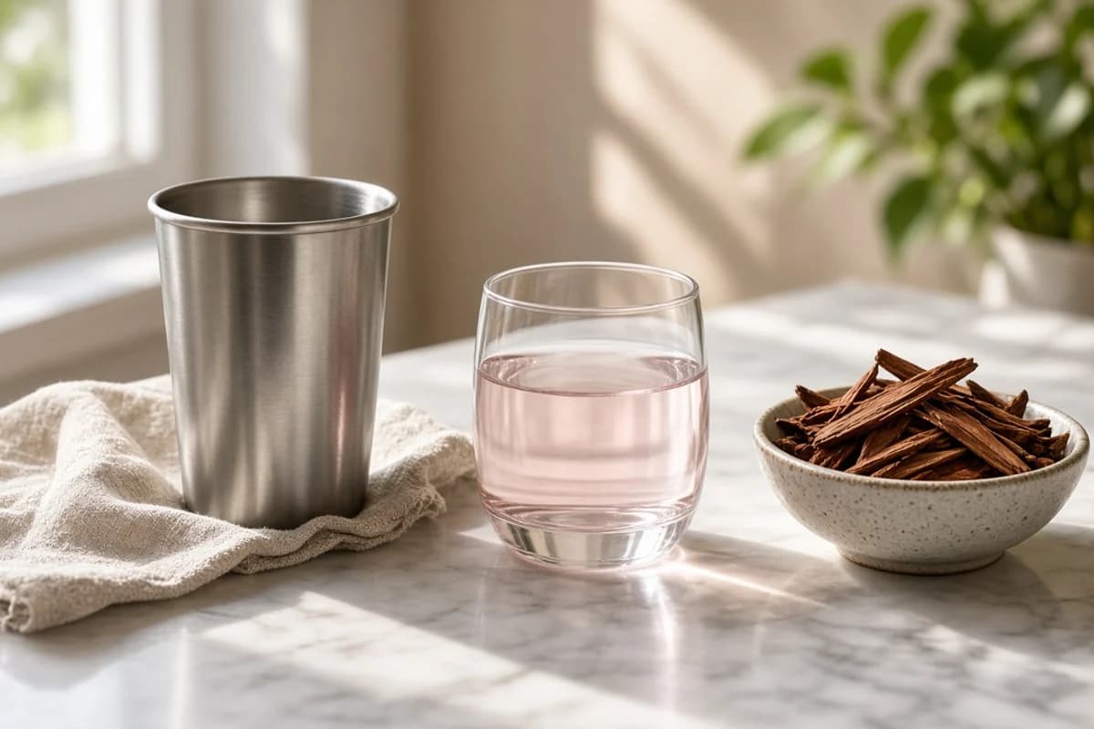 A glass of pale pink water beside a tall steel tumbler and a small bowl of wood shavings.