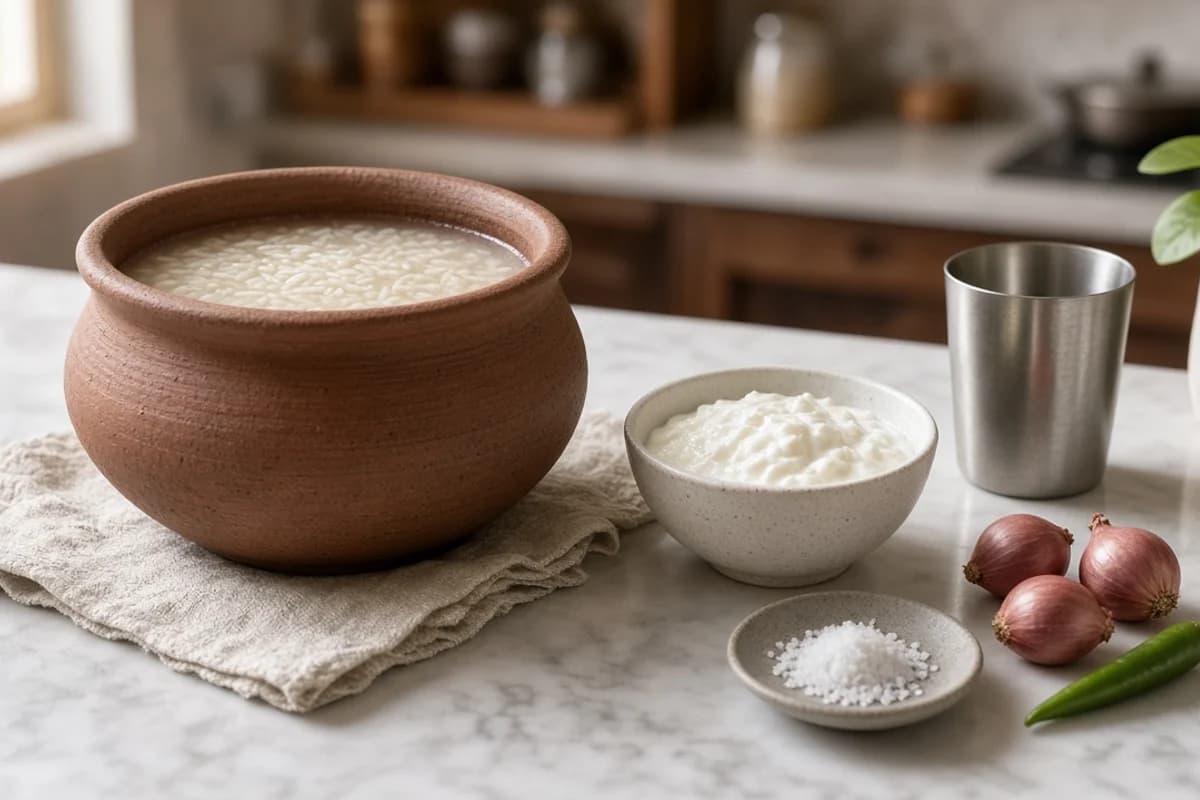 A clay pot of cooked rice soaking in water beside a bowl of curd, shallots, a pinch of salt and a steel tumbler.