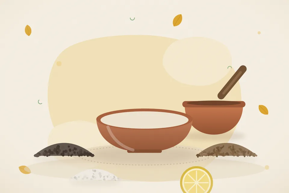 Illustrated still life with black pepper, cumin seeds, rock salt, lemon.
