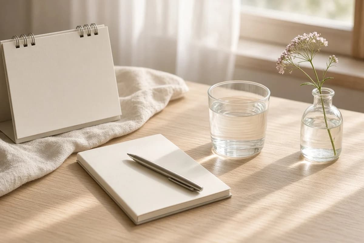 A small notebook and pen, a spiral calendar, a glass of water and a small vase of flowers on a desk.