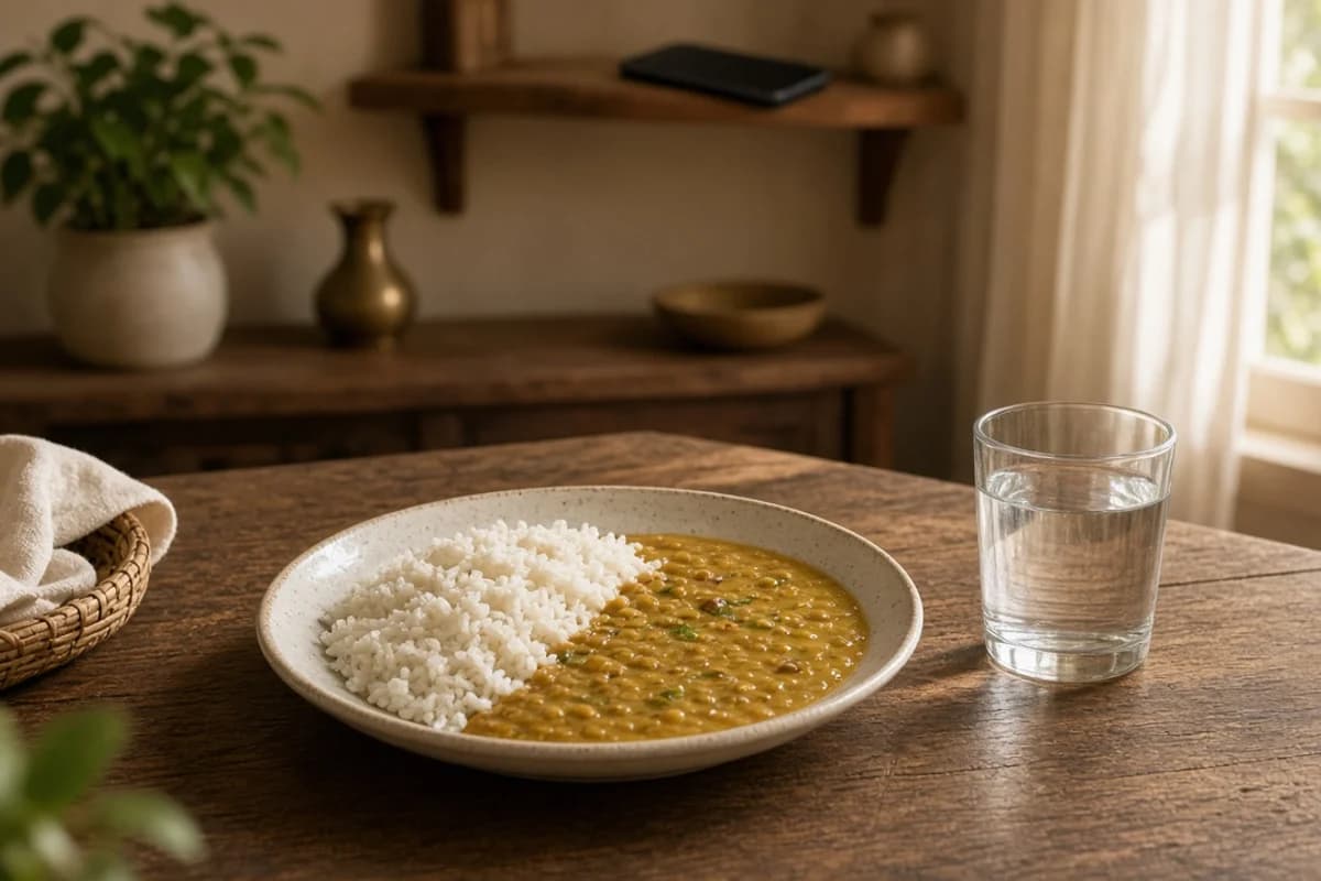 A bowl of rice and dal beside a glass of water on a wooden table.