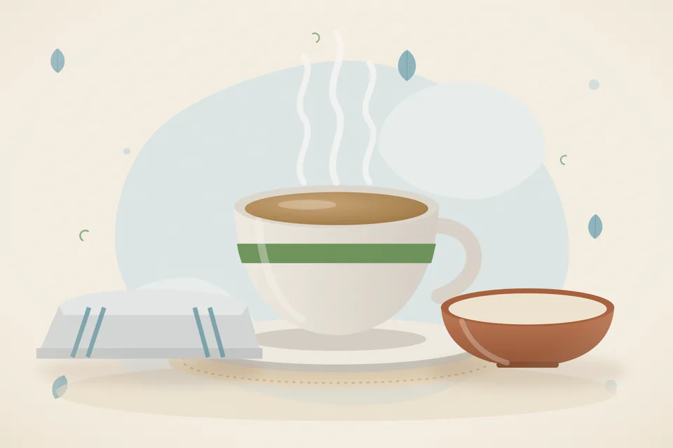Illustrated Ayurvedic kitchen still life with a bowl, glass and traditional utensils.