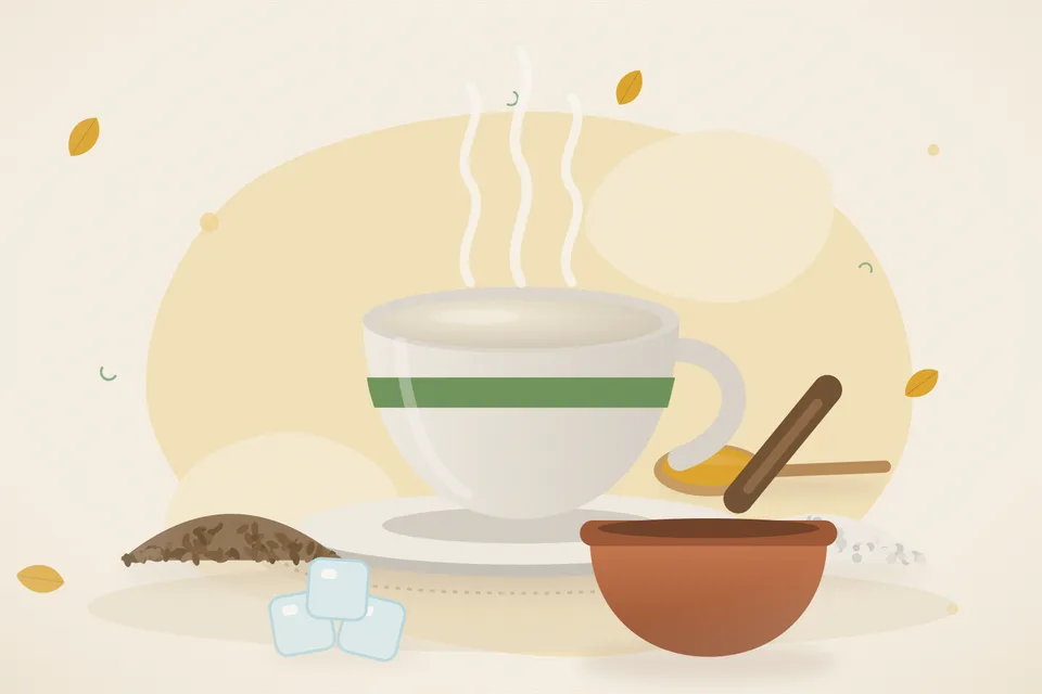 Illustrated still life with cumin seeds, rock salt, ice.