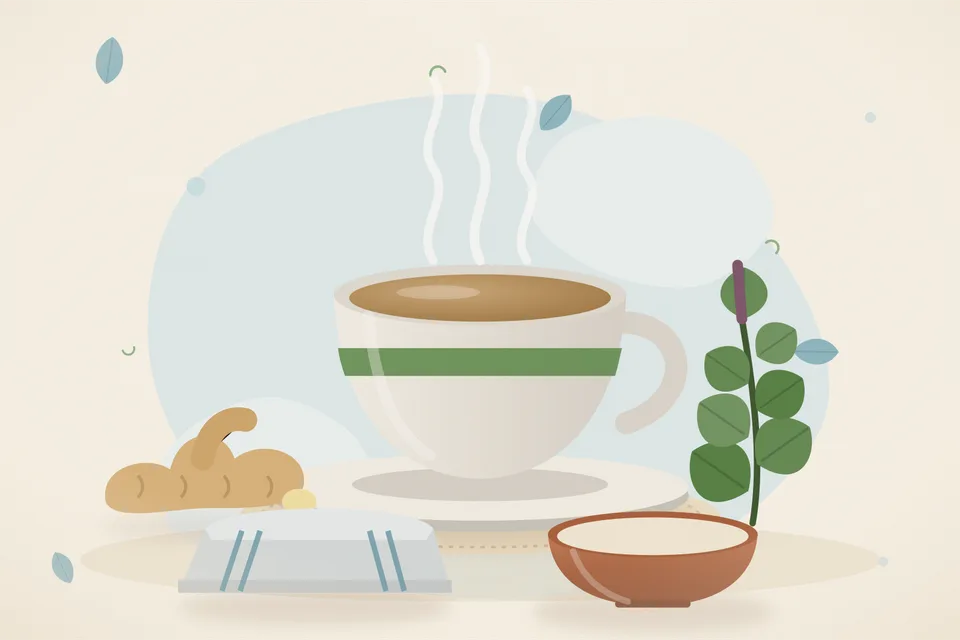 Illustrated still life with fresh ginger, tulsi leaves.