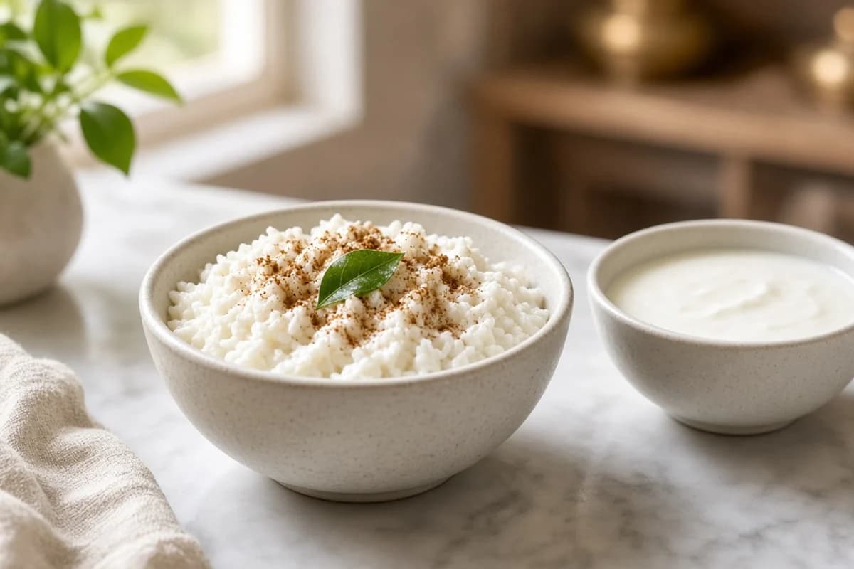 A bowl of soft white rice with a curry leaf, beside a bowl of plain curd.