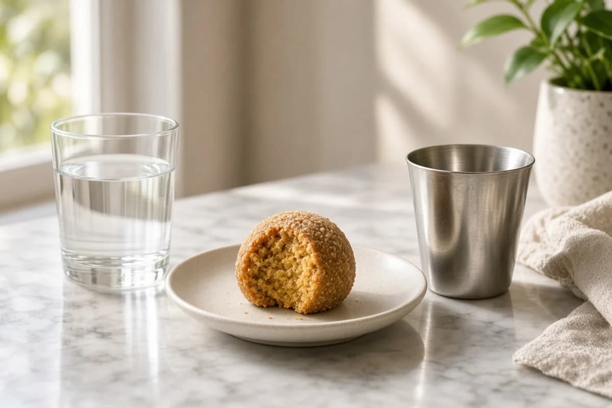 A glass of plain water beside a small plate with a bitten laddoo-like sweet and a steel tumbler.