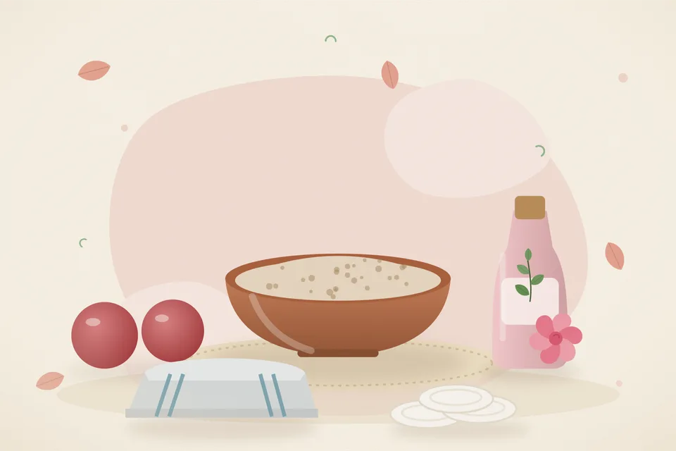Illustrated still life with pomegranate, rose water, a folded cloth.