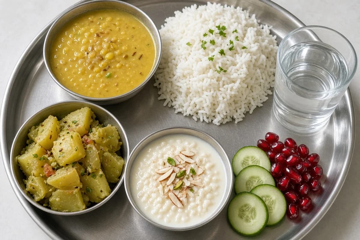 A steel thali with steamed rice, yellow dal, aloo sabzi, a bowl of kheer topped with almonds and pistachios, cucumber slices, pomegranate seeds and a glass of water.