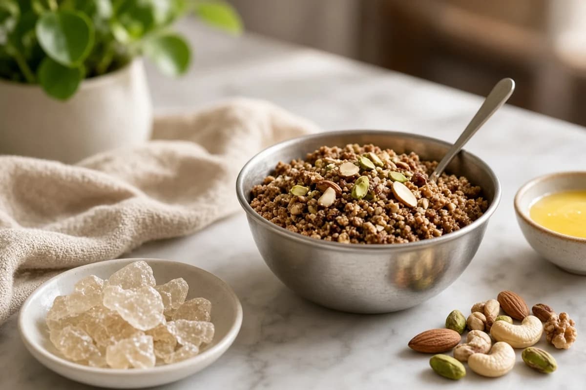 A steel bowl of crumbly panjiri topped with sliced nuts, with mishri, ghee and scattered nuts.