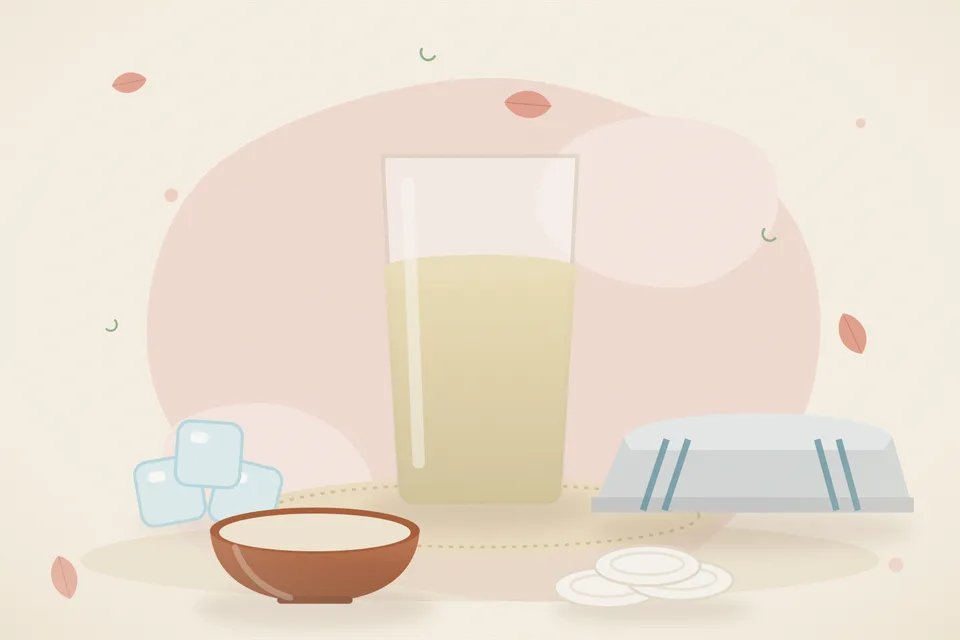 Illustrated still life with ice, a folded cloth.