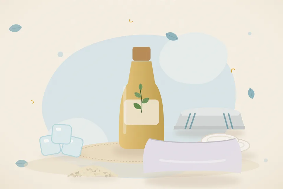 Illustrated still life with ice, cotton pads, sesame seeds, a soft pillow.