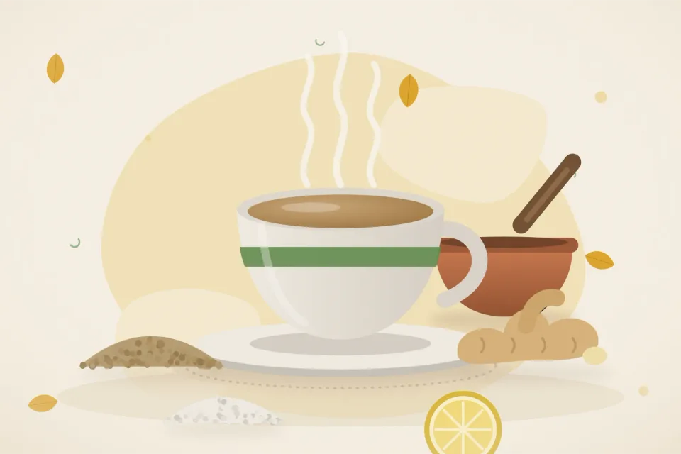 Illustrated still life with coriander seeds, fresh ginger, rock salt, lemon.