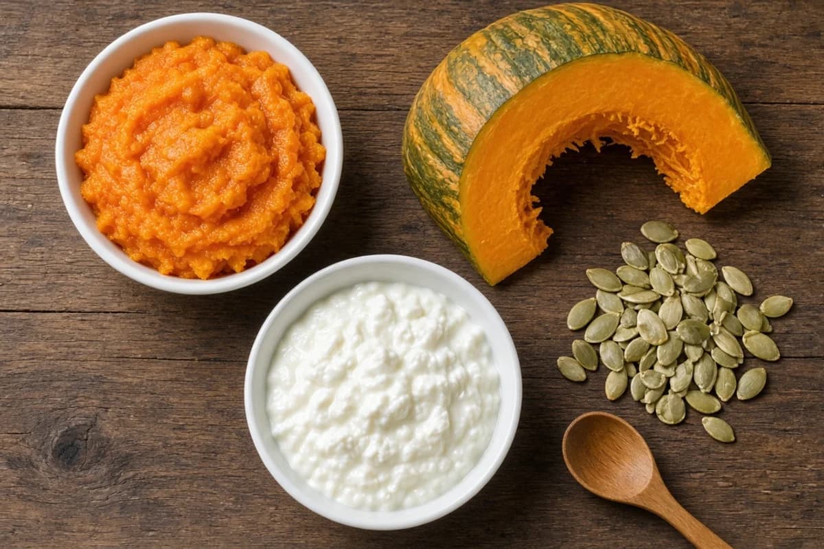 A white bowl of orange pumpkin puree beside a bowl of curd, a pumpkin wedge, green pumpkin seeds and a wooden spoon on a dark wooden table.
