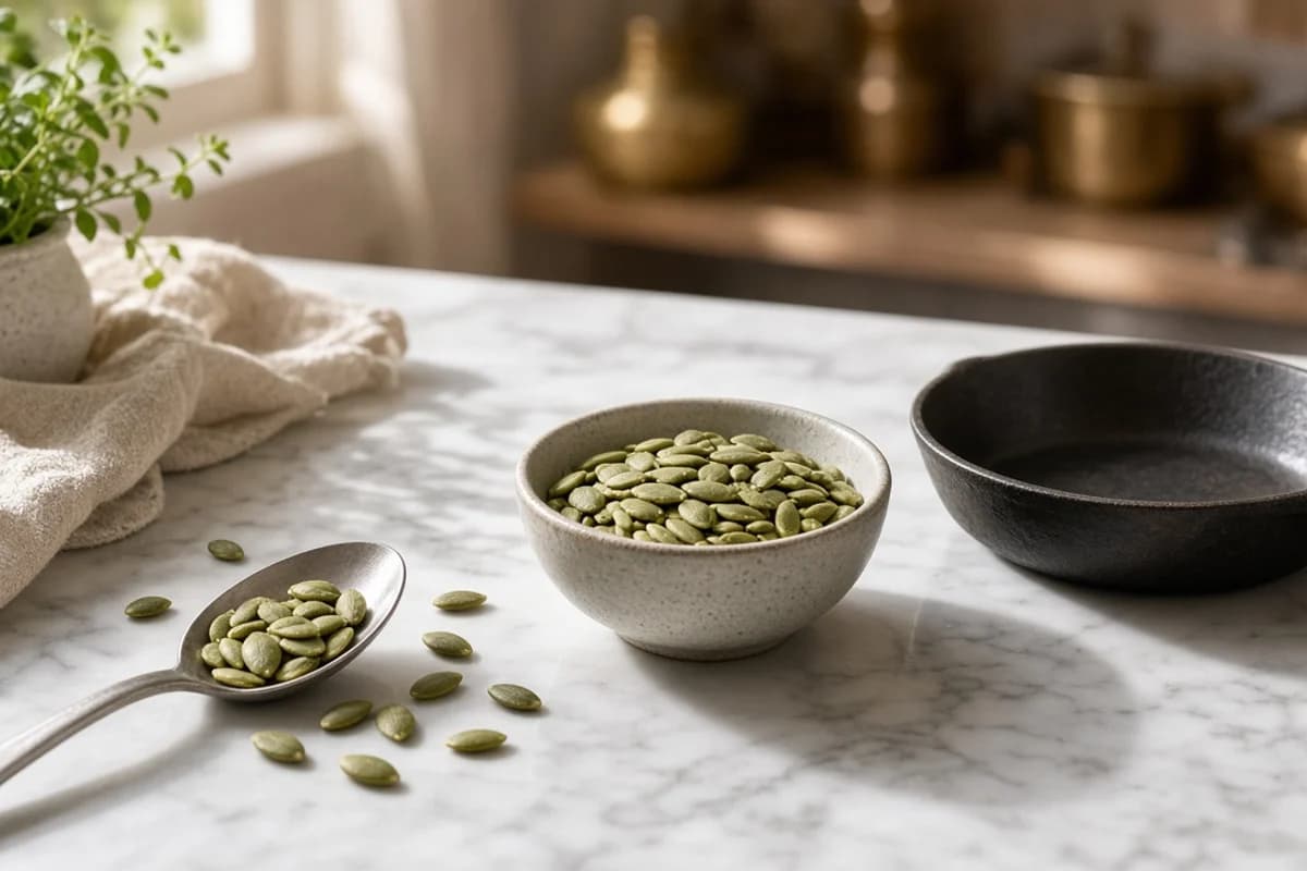 A stone bowl of green pumpkin seeds with a spoon of seeds and a small empty pan.